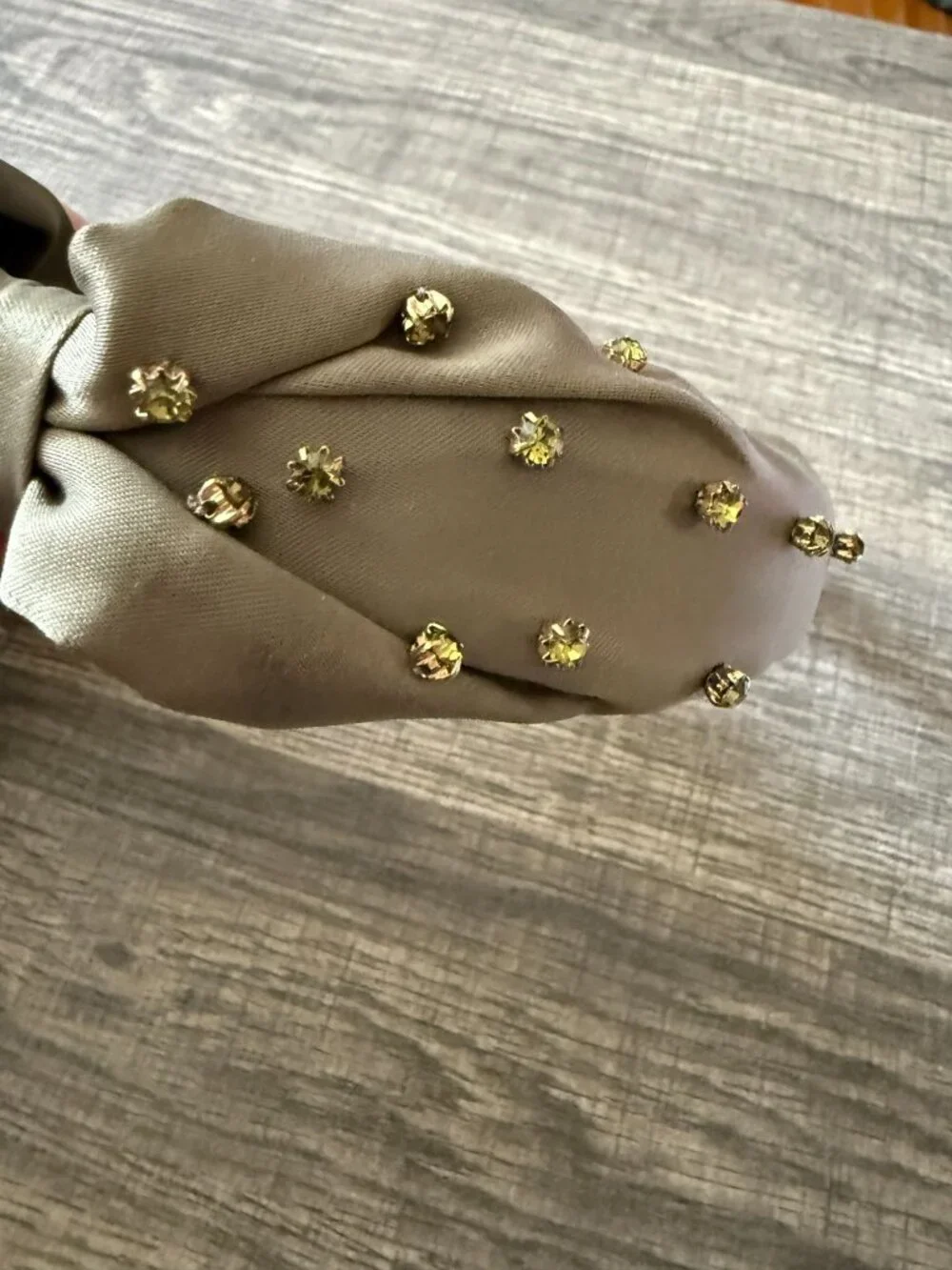 NWOT J. Crew Olive Green Taupe Beaded Rhinestones Knot Headband Satin Finish